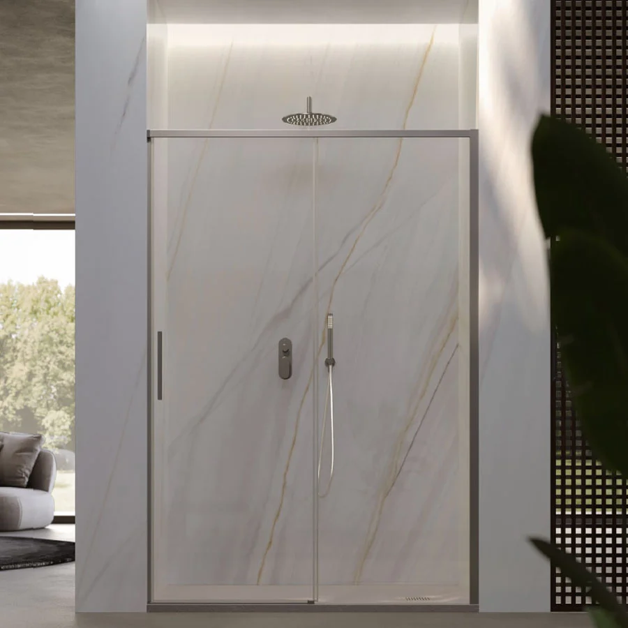 Porte de douche coulissante pour niche de 100 cm en verre de 6 mm avec profilé en aluminium chromé brillant version droite