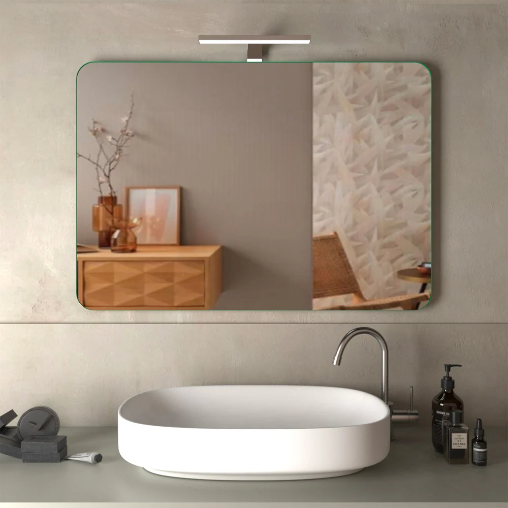 Specchio Filo Lucido Ad Angoli Stondati Con Lampada Led 90 X 60 Cm