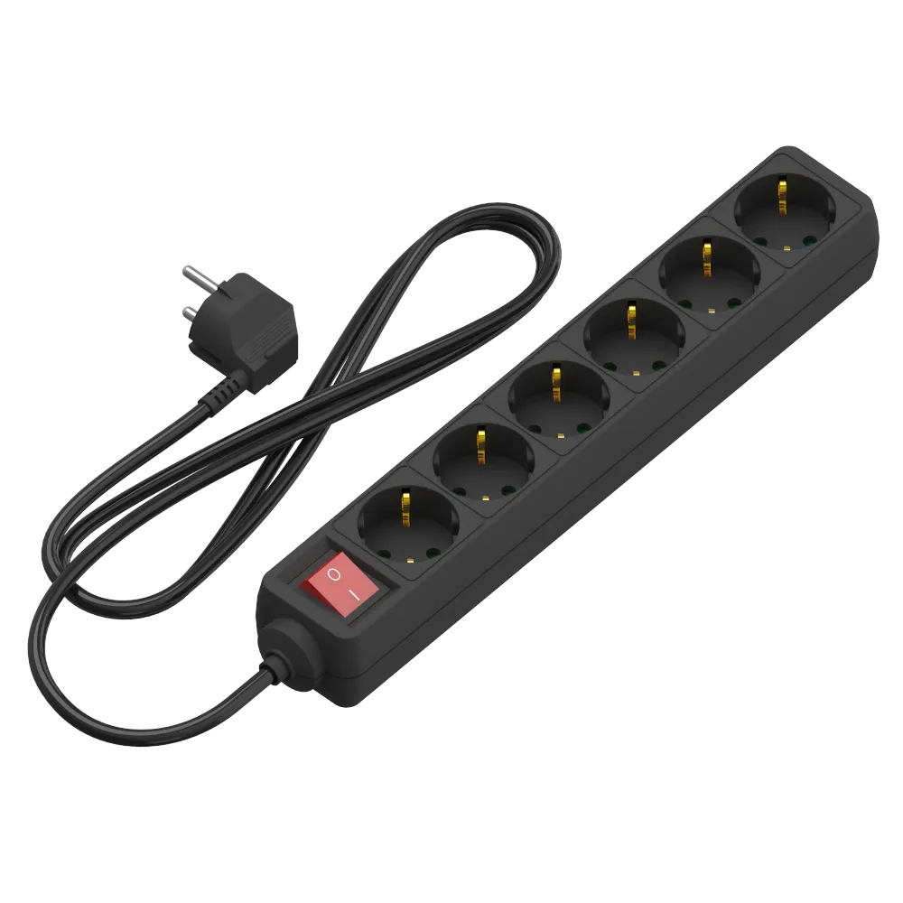 Calex - Table Socket - 6-way - RA + switch - 1.4m - Black 3x1.5mm2
