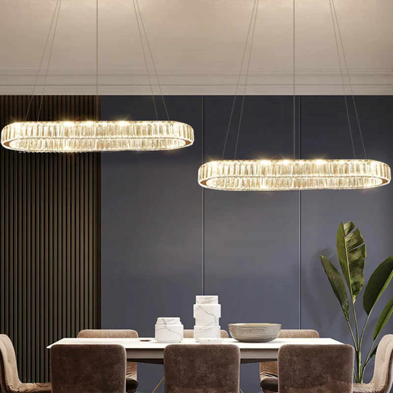 Lampe suspendue à LED pour restaurant, luminaire d'îlot Simple en acier inoxydable avec abat-jour en cristal ovale Clearhalo