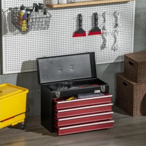 Boite à outils métallique coffret à outils caisse à outils 4 tiroirs + plateau tôle acier rouge noir Taille Standard