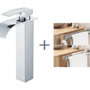 Auralum Max Robinet Cascade pour Vasque à Poser,Mitigeur Haut pour Lavabo,en Inox,Chromé+Porte Serviette Salle Bain Adhési...