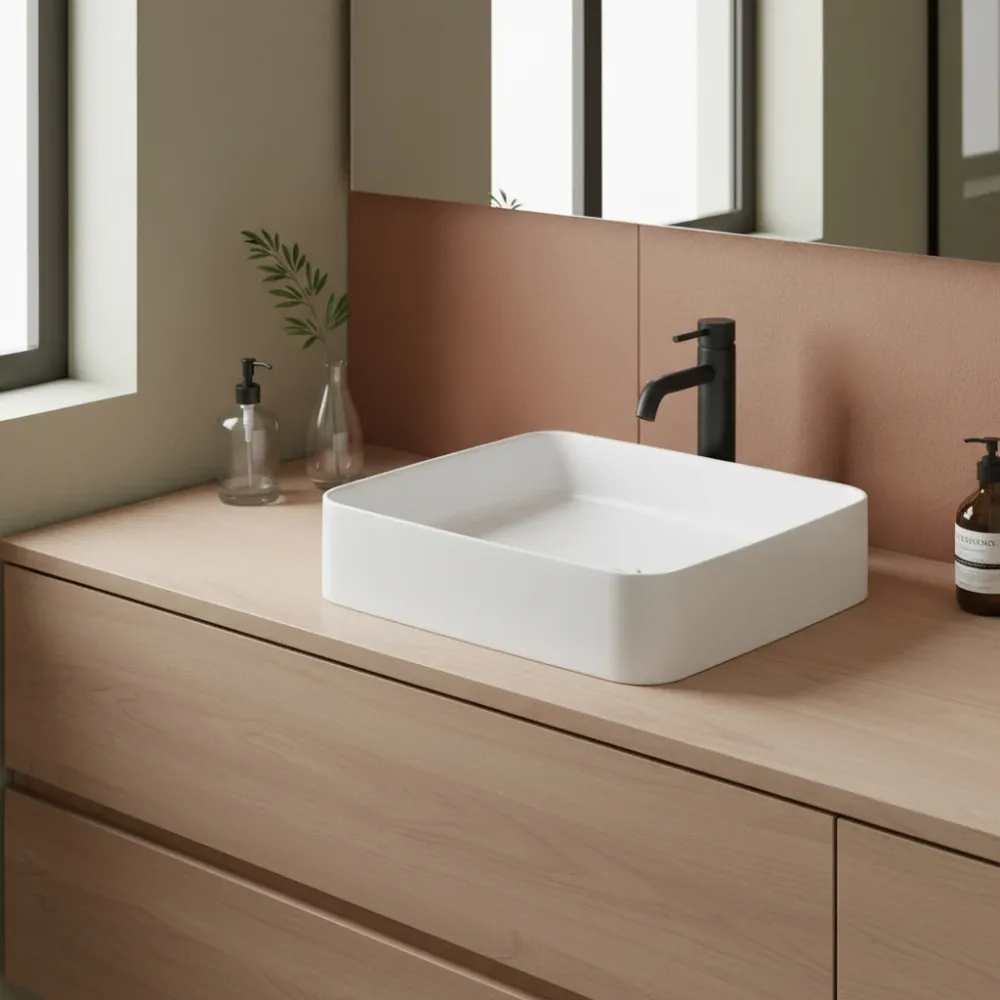 Lavabo à poser avec plan robinetterie série Smart-B de Ceramica Galassia - Blanc mat 45cm Installation Rapide