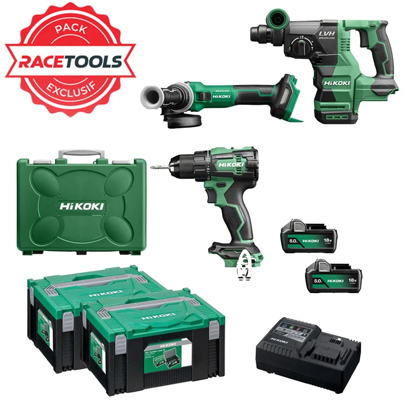 Pack 3 outils Hikoki Perceuse + perforateur + meuleuse 18V Brushless KCRT04 (DS18DE + DH1826DA + G1813DVE + 2 batteries 5...