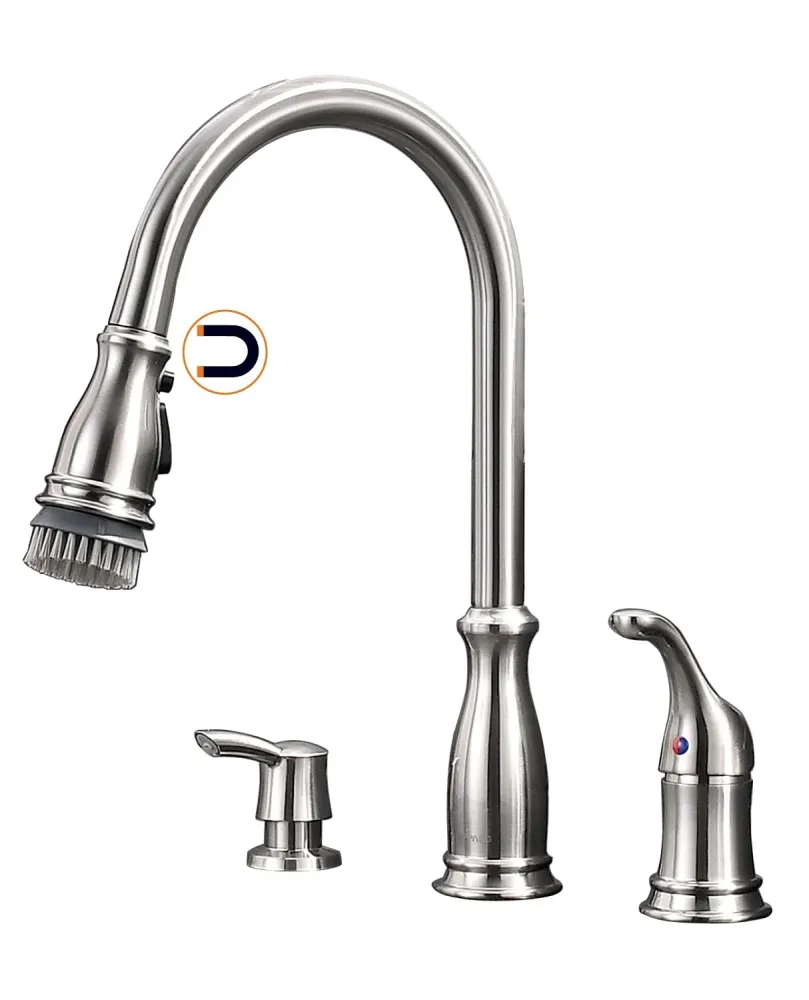 APPASO 229BN 3 Hole Pull Down Kitchen Faucet Mat Nickel Soap Dispenser