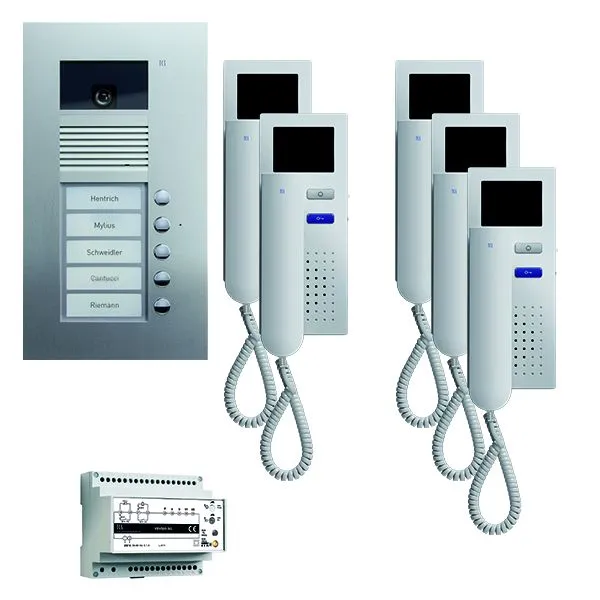 Vidéo de commande de porte TCS : pack UP pour 5 logements avec platine de rue AVU 5 boutons de sonnerie 5x visiophone IVH3...