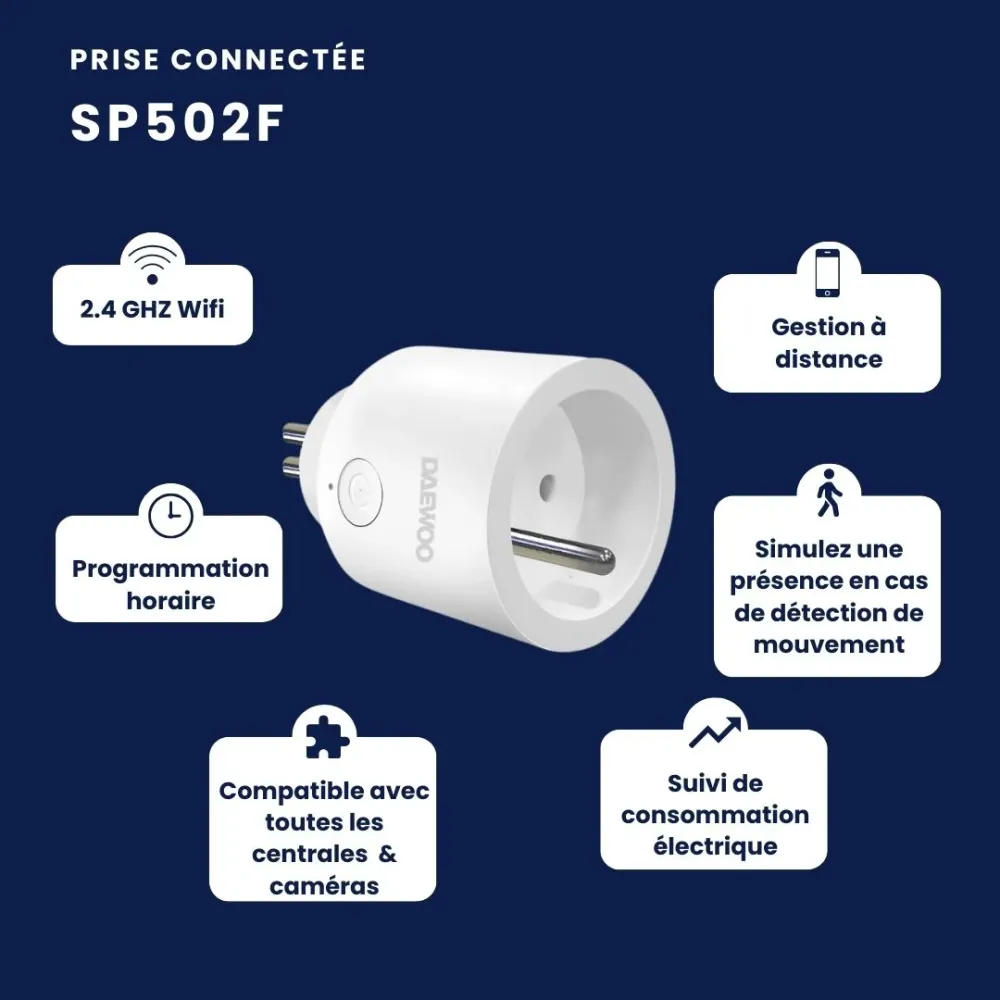 Configurateur | Prise connectée Daewoo - SP502F - Norme FR 10A avec protection différentielle 30mA