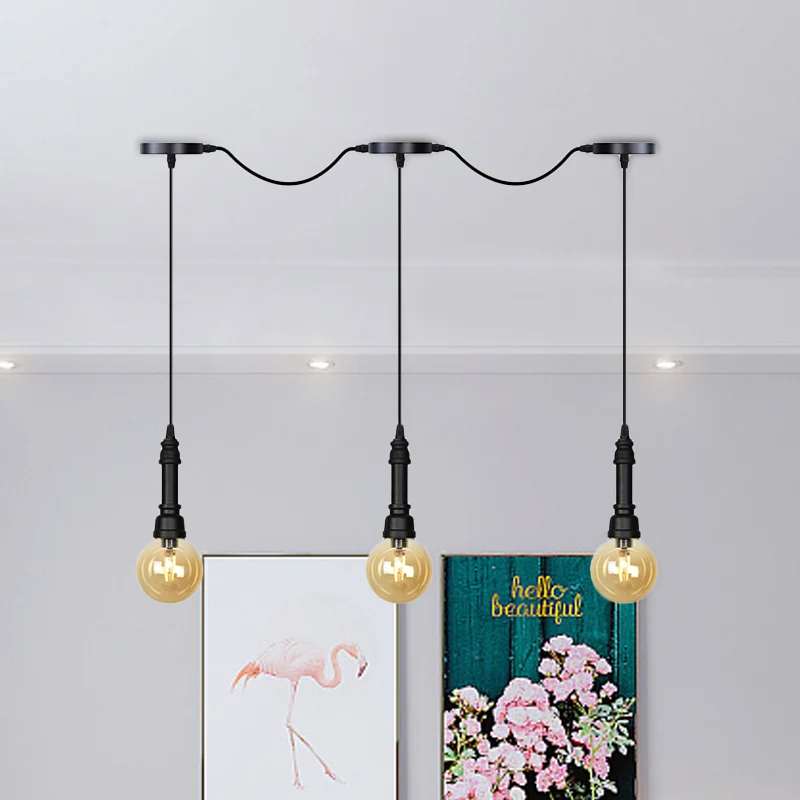 Boule de verre ambré suspension multiple nostalgique 3/5/7 lumières café maison tandem LED plafonnier suspension en noir p...